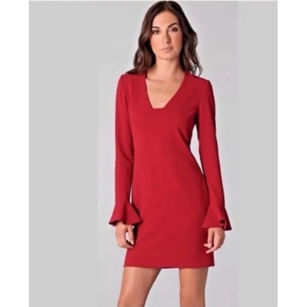 Diane von Furstenberg Red V-Neck Bell Sleeve‎ Shift Dress Size 0 Pockets DVF